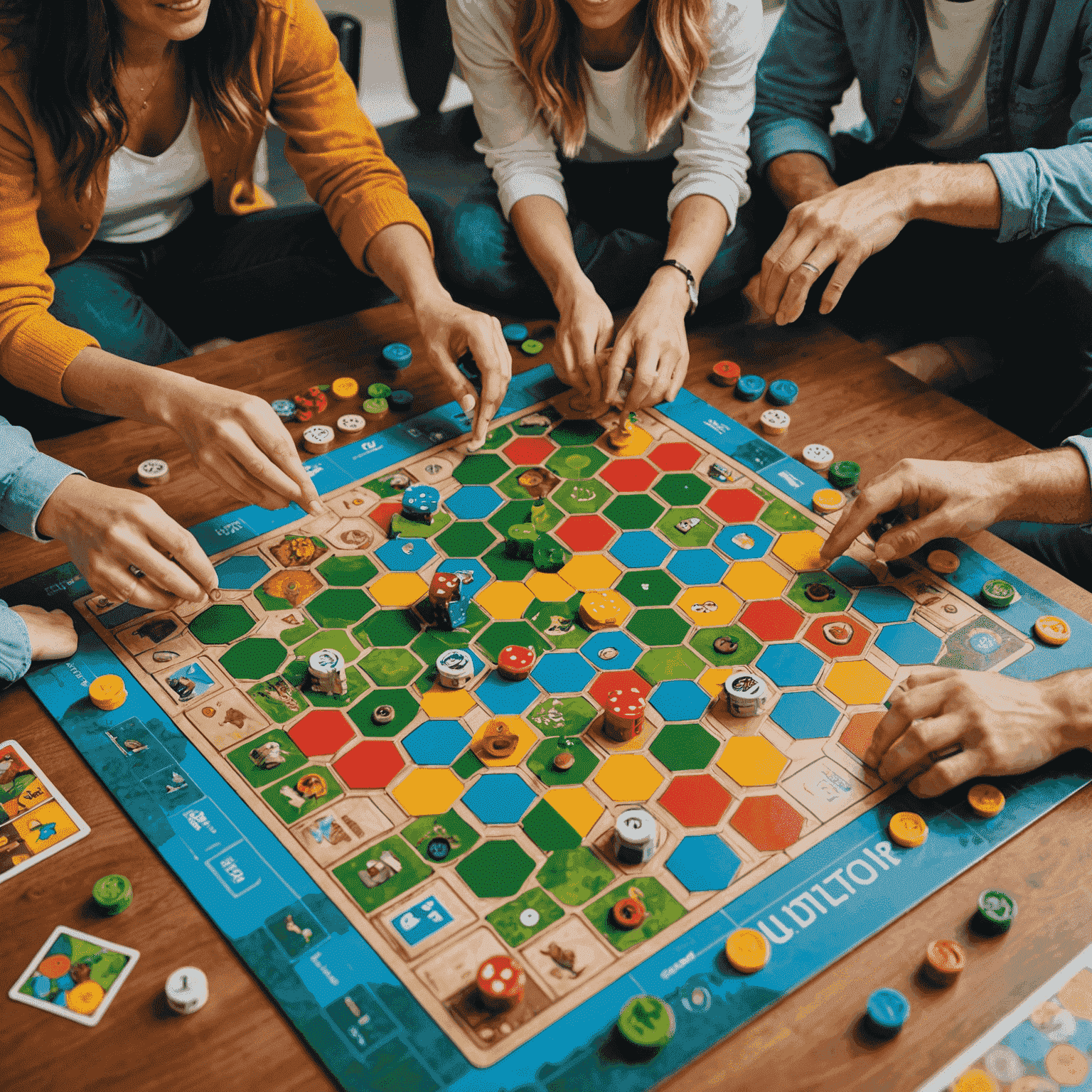 Een groep vrienden die enthousiast een nieuw bordspel spelen, met kleurrijke speelstukken en een innovatief spelbord zichtbaar