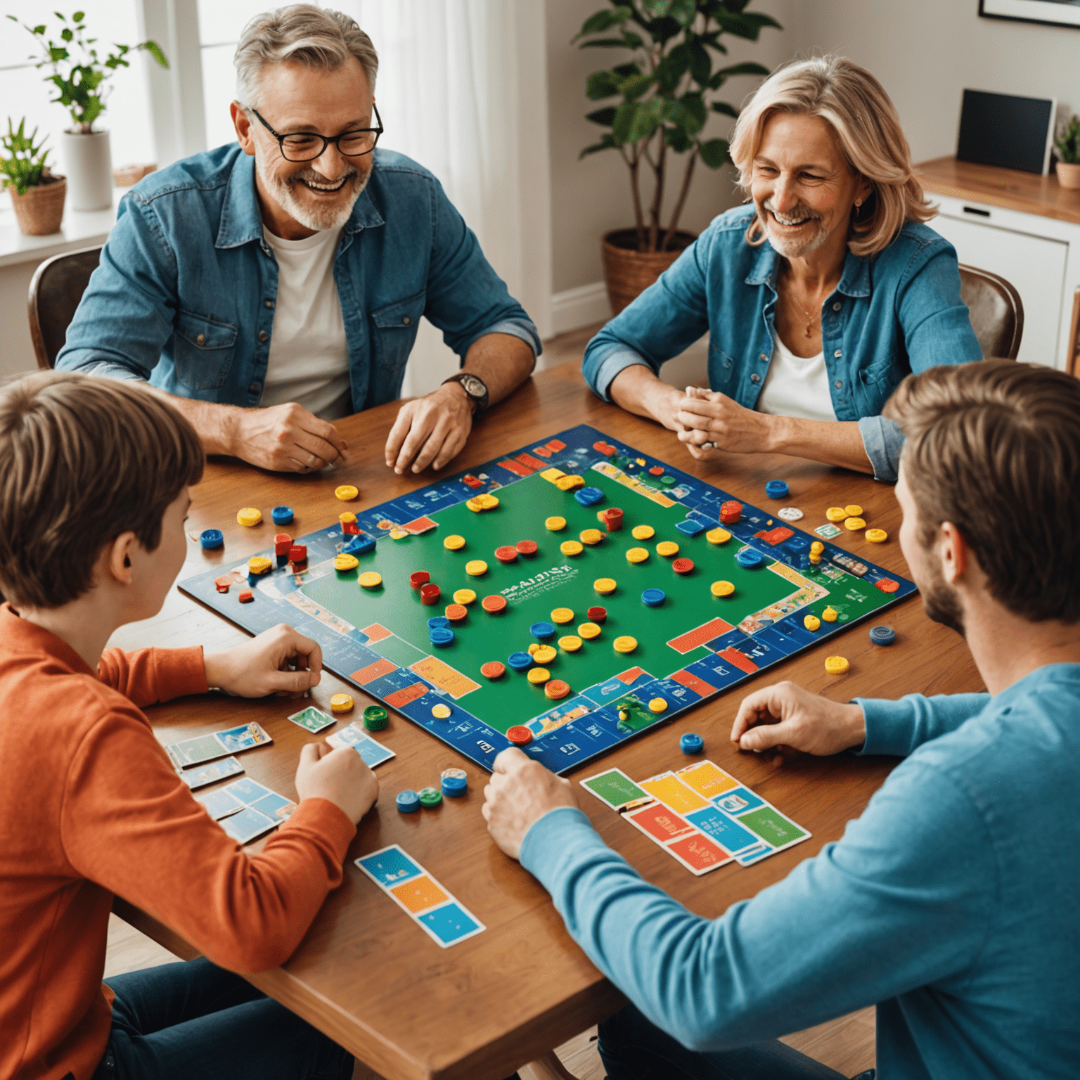 Een familie die samen een bordspel speelt aan een tafel. Er zijn kleurrijke speelstukken en kaarten zichtbaar, en iedereen lacht en heeft plezier.