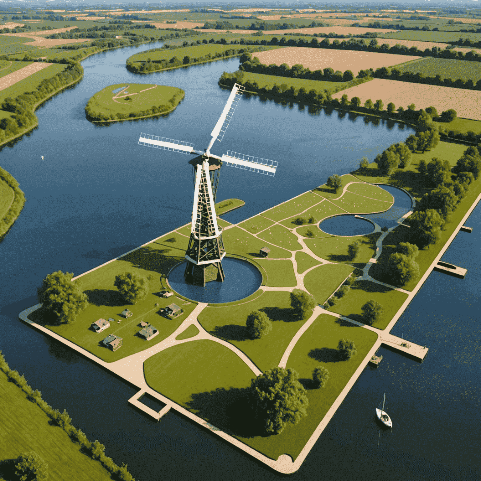 Een bordspel genaamd 'Polder Plinko' met een speelbord dat lijkt op een Nederlandse polder met kanalen en molens. Plinko-achtige elementen zijn geïntegreerd in het landschap.