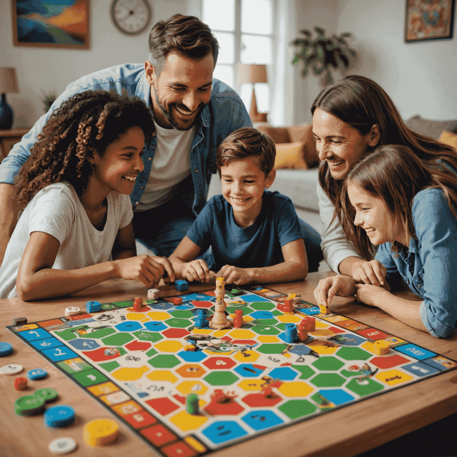 Een familie die samen een nieuw bordspel uit 2024 speelt, met lachende gezichten en kleurrijke speelstukken