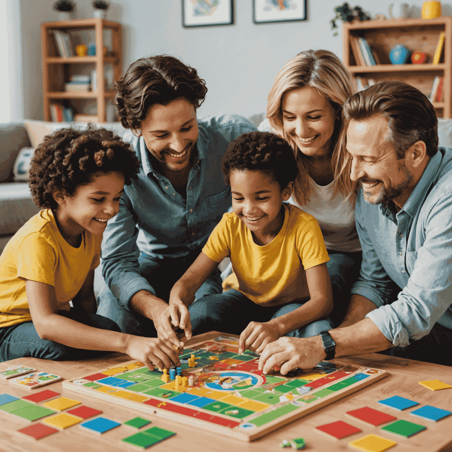 Een gelukkige familie die samen een kleurrijk en toegankelijk bordspel speelt, geschikt voor alle leeftijden