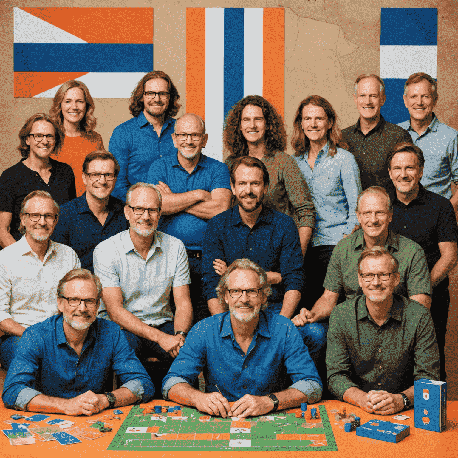 Een collage van Nederlandse bordspelontwerpers en hun innovatieve creaties, met de Nederlandse vlag op de achtergrond