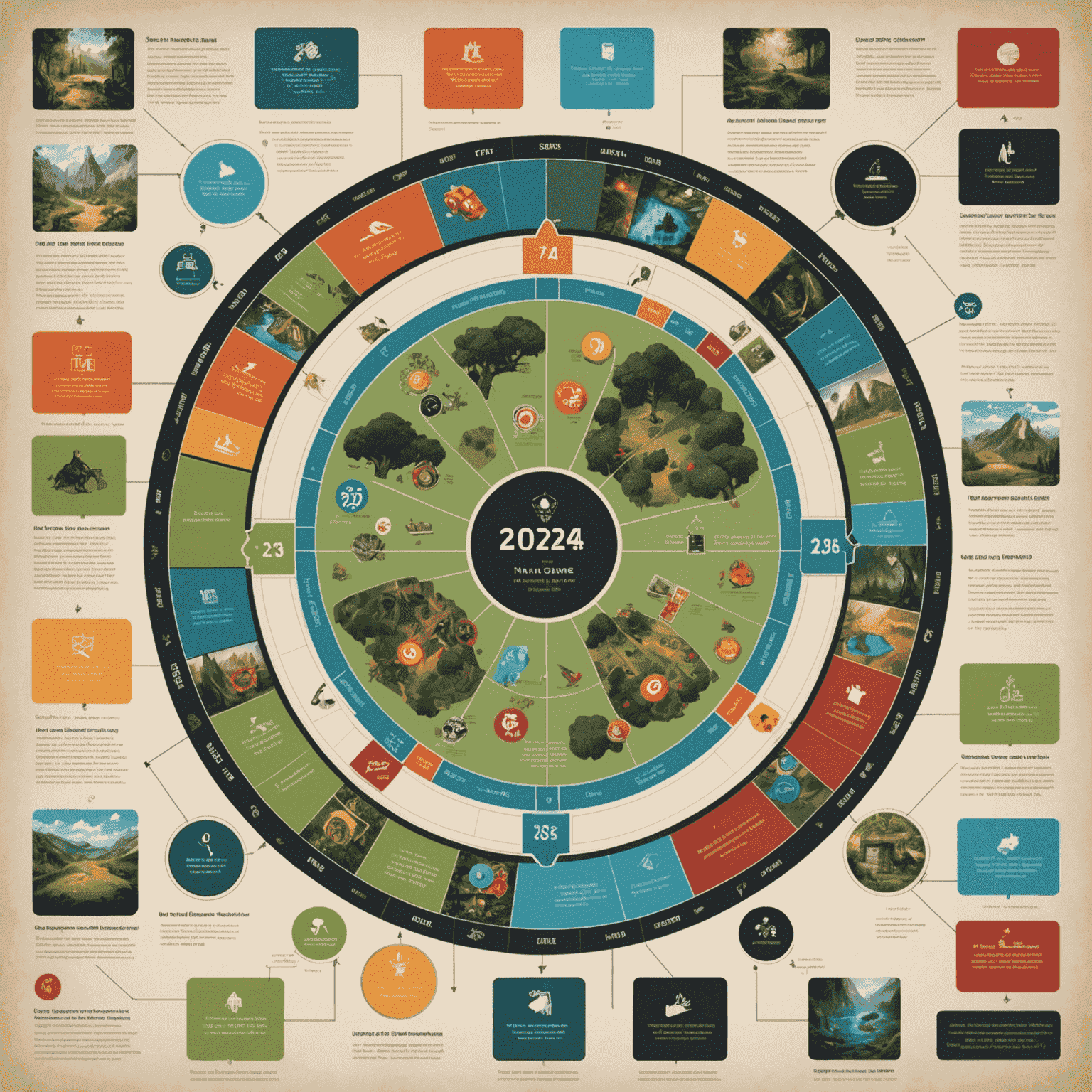 Een infographic die de nieuwste trends in bordspelontwerp, thema's en mechanismen voor 2024 weergeeft